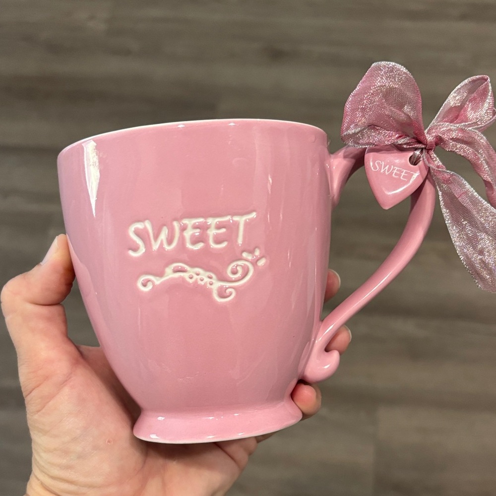 Starbucks Pink Mug “SWEET” with Ribbon and Porcelain Charm